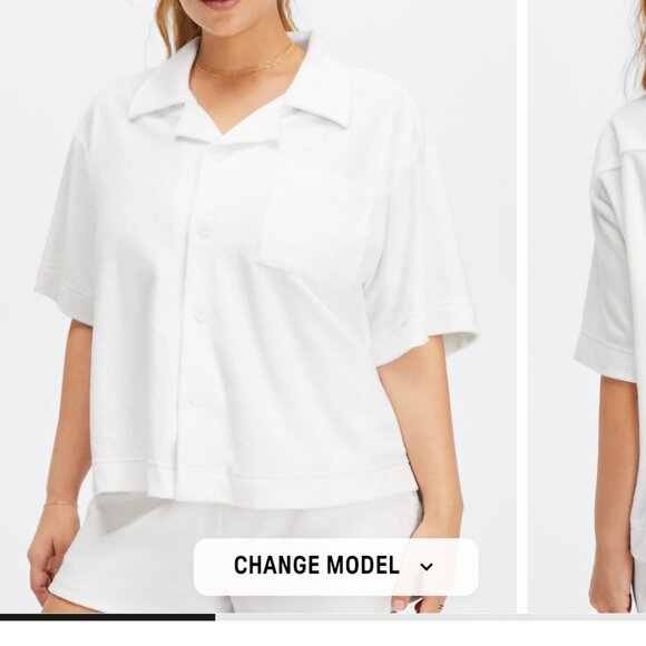 Fabletics Island Terry Women's SZ Small Set Button Up Top/Shorts White $109 NWT - Picture 1 of 15
